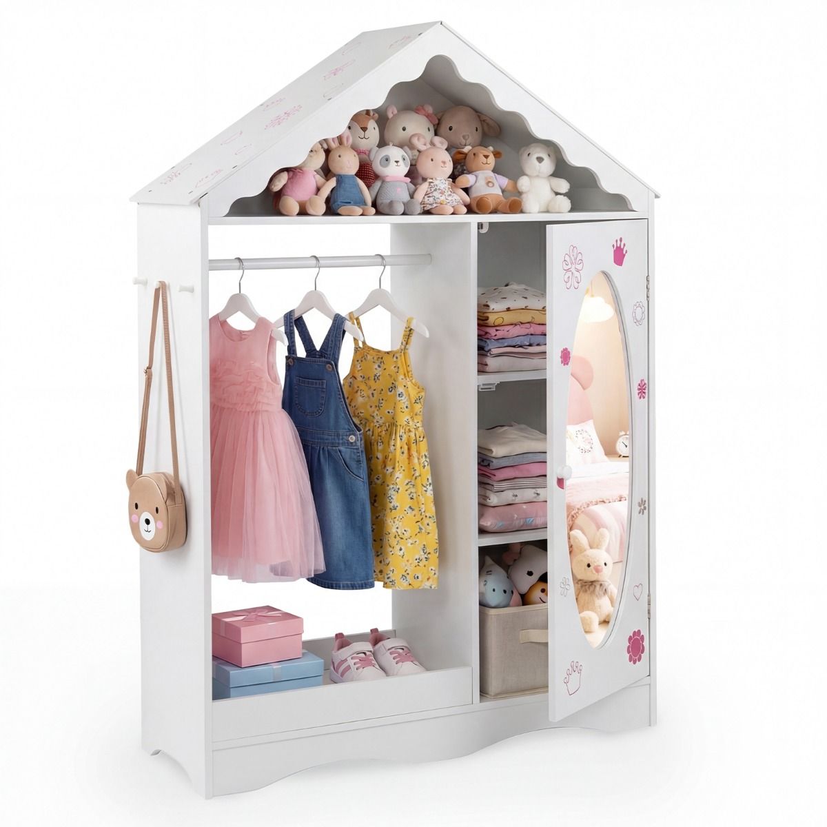 Armoire pour enfants Coast avec miroir - design en forme de toit - tringle à vêtements ouverte et étagères - blanche