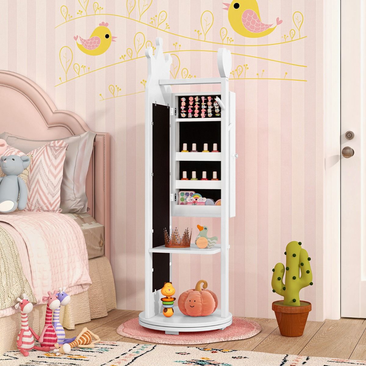 Coast : armoire à bijoux pour enfants - miroir sur pied - pied pivotant - cintre et étagères - rose/blanc