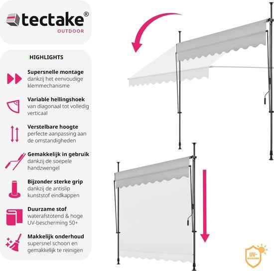 Tectake - Pare-soleil à pinces - 250 x 180 cm - équipé de polyester résistant aux UV, d'une manivelle et de barres télescopiques - pour balcon et terrasse - acier thermolaqué gris clair