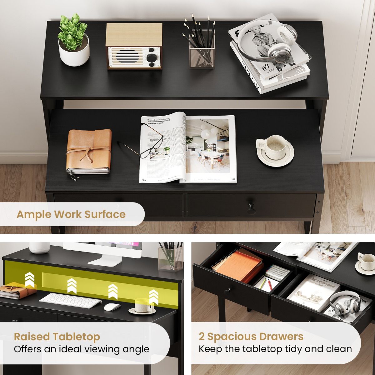 Bureau extensible Coast - avec 2 tiroirs - roulettes verrouillables - noir - 100 x 63 x 88 cm