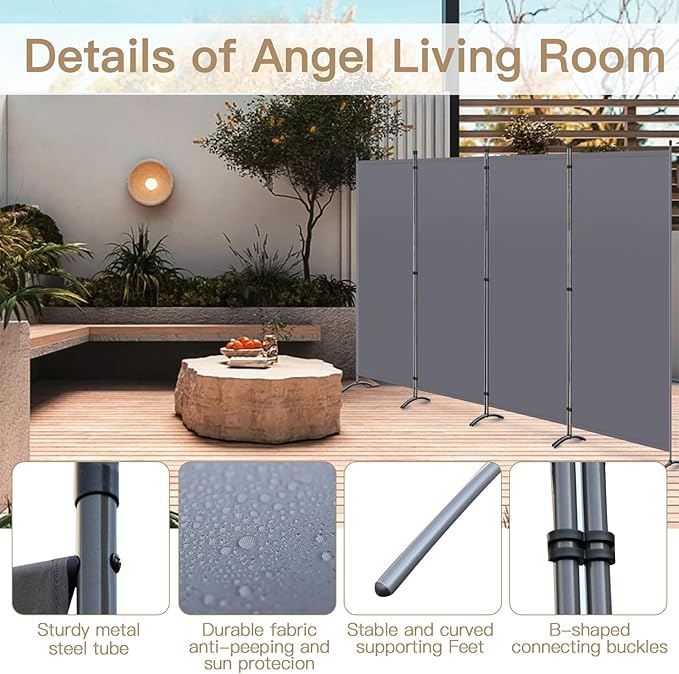 Paravent Angel Living - 4 panneaux - 324 x 180 cm - Gris - Autoportant