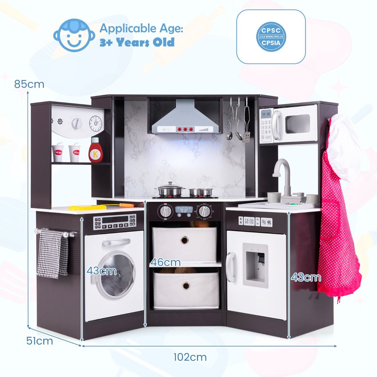 Cuisine jouet en bois Coast pour enfants - avec lumières et sons - distributeur d'eau et lave-linge - noir