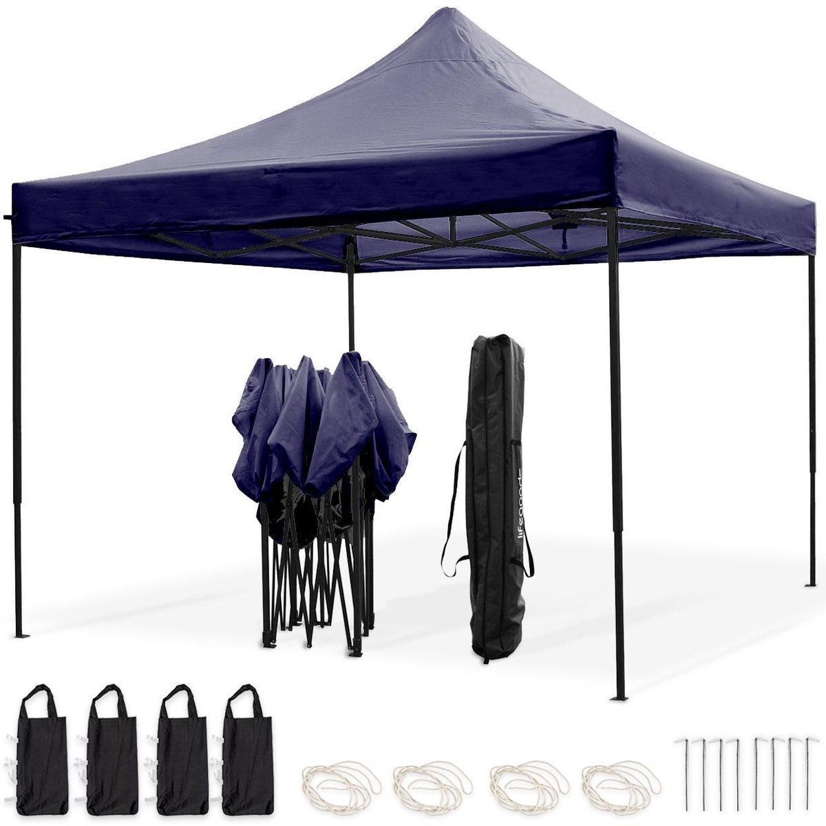 Tonnelle de jardin - LifeGoods - 3x3 m - Facile à monter - Pliable - Imperméable - Sac de transport à roulettes - Bleu foncé