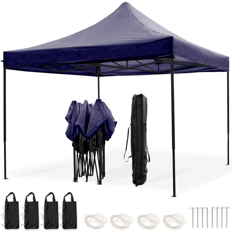 Tonnelle de jardin - LifeGoods - 3x3 m - Facile à monter - Pliable - Imperméable - Sac de transport à roulettes - Bleu foncé