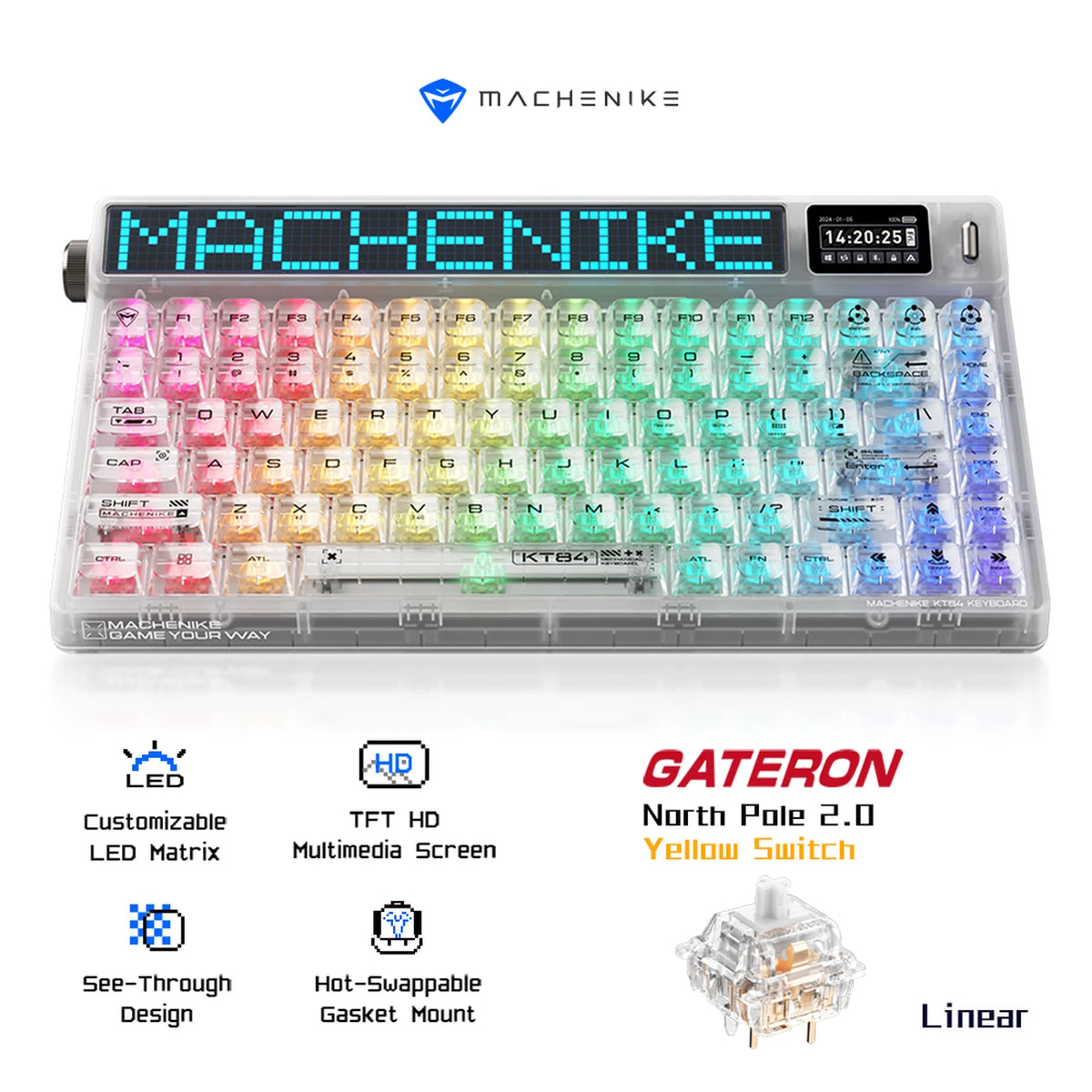 Clavier mécanique Machenike KT84-B84W 75 % - Blanc - Gateron Yellow, RGB, Tri-Mode