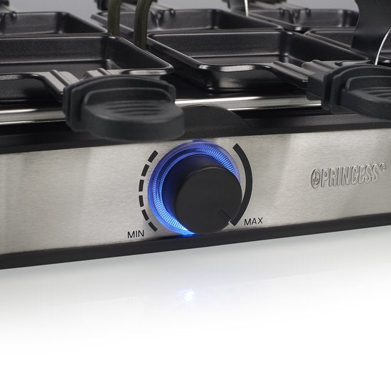 Ensemble Princess Gourmet 162645 - Raclette pour 8 personnes - Thermostat réglable - 1 400 W - Cordon d'alimentation de 2 mètres - Plaque de cuisson réversible - 8 poêlons - Acier inoxydable