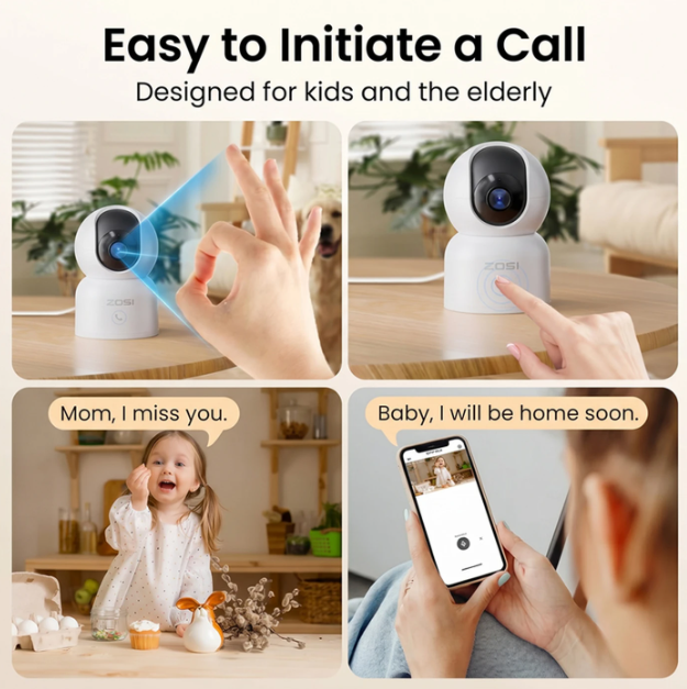 Caméra d'intérieur ZOSI - 4 MP 2,5K - Wi-Fi - Orientable à 360° - Détection de mouvement - Vision nocturne - Audio bidirectionnel - Commande via l'application
