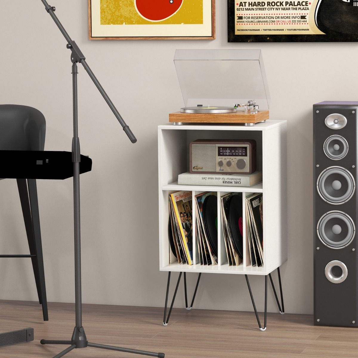 Support pour platine vinyle Coast - Table de rangement pour vinyles à 3 étages - avec station de recharge - blanc
