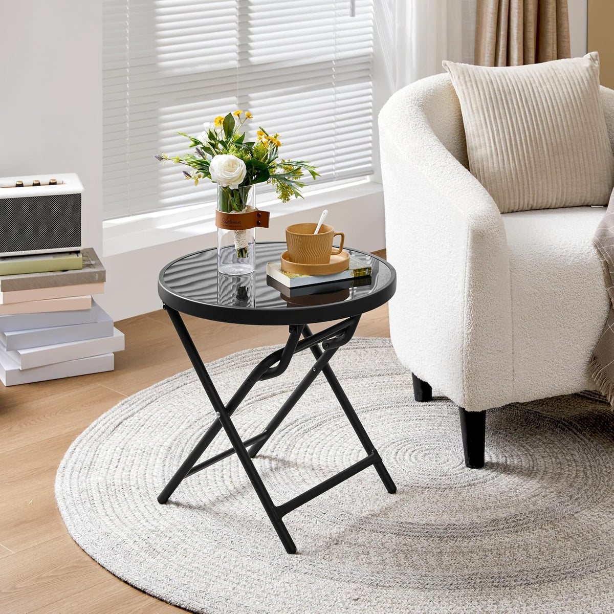 Yaheetech Table pliante ronde Ø 46 cm – verre noir et métal, résistante aux intempéries