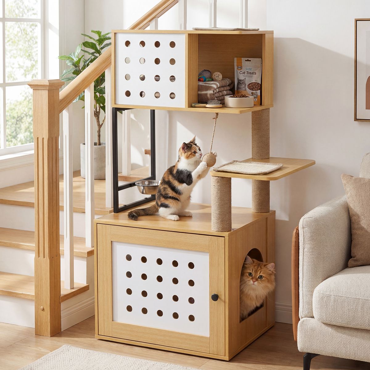 Arbre à chat Coast avec bac à litière intégré - arbre à chat à plusieurs étages - couleur naturelle - 117,5 cm