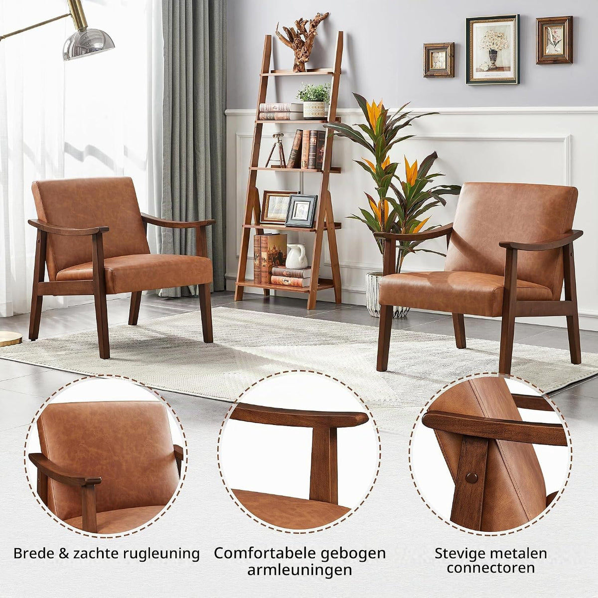 Fauteuil de salon rétro Yaheetech 62 × 70 × 74 cm – marron clair, accoudoirs en bois d'hévéa, capacité de charge de 136 kg