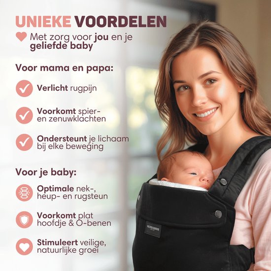 Vulpes Goods® BabyCare - Porte-bébé - Porte-bébé ergonomique 0-36 mois - Porte-bébé ventral de luxe jusqu'à 20 kg - Coton OEKO-TEX® - Confort mains libres - Avec support dorsal et position M - Noir