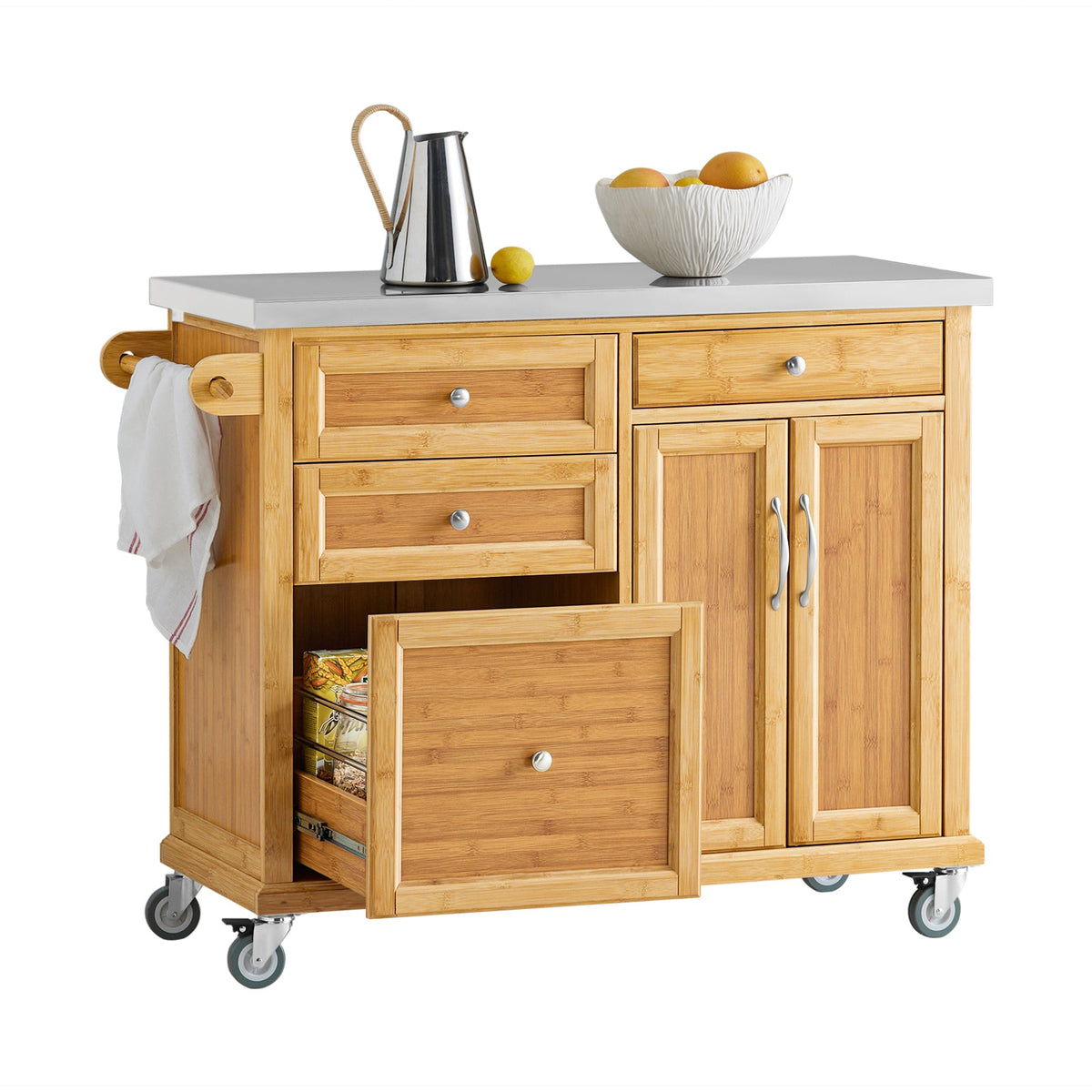 Îlot de cuisine mobile SoBuy en bambou avec plan de travail en inox – 4 tiroirs et placard – 115 cm