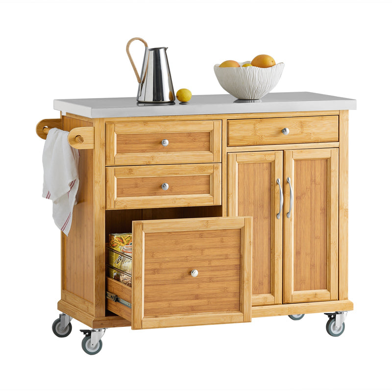 Îlot de cuisine mobile SoBuy en bambou avec plan de travail en inox – 4 tiroirs et placard – 115 cm