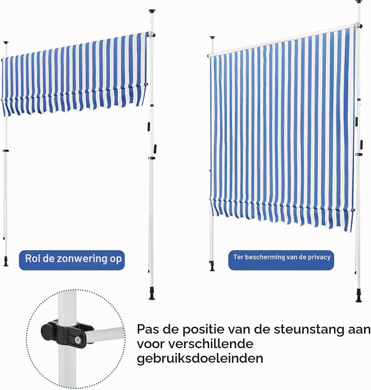 Yaheetech Store de balcon - Store à pince avec manivelle 250 cm - Réglable en hauteur - Bleu et blanc