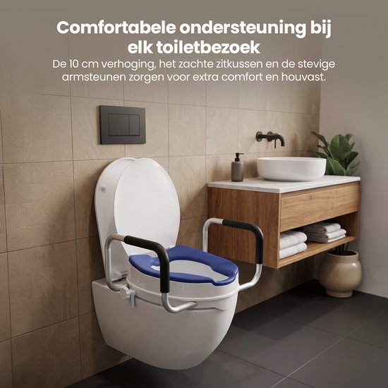 Rehausseur de WC Truesafe 10 cm - Taille universelle - Avec accoudoir et couvercle - Siège de WC surélevé - Coussin d'assise ergonomique - Rehausseur pour adultes et seniors