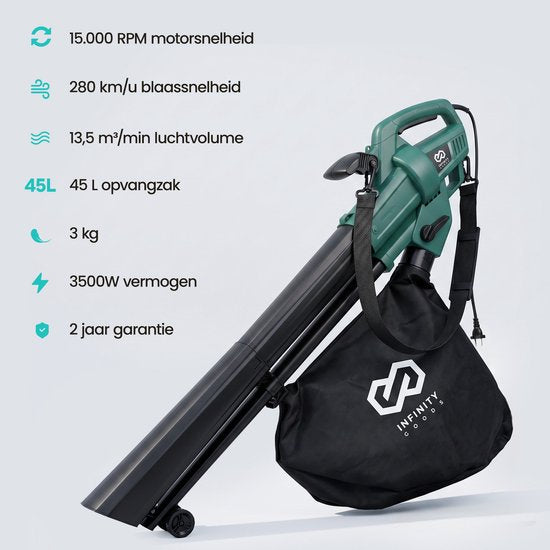 Souffleur et aspirateur électrique Infinity Goods - 3 500 W - Fonction de broyage - Sac de ramassage de 45 L - Avec fil - Vitesse de l'air de 280 km/h