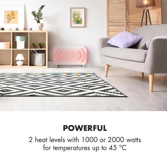 Chauffage électrique à faible consommation d'énergie Klarstein pour la maison, convecteur intelligent et autonome de 2 000 W à faible consommation d'énergie avec thermostat, design fin et portable, chauffage silencieux, chauffage à accumulation et panneau
