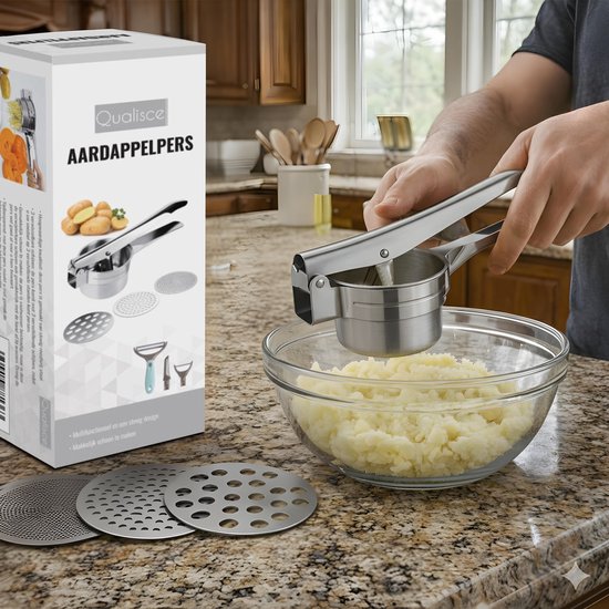 Presse-pommes de terre Qualisce - Presse-purée - Pilon à purée - Presse-pommes de terre à 3 disques - Écrase-purée - Avec éplucheur multifonction