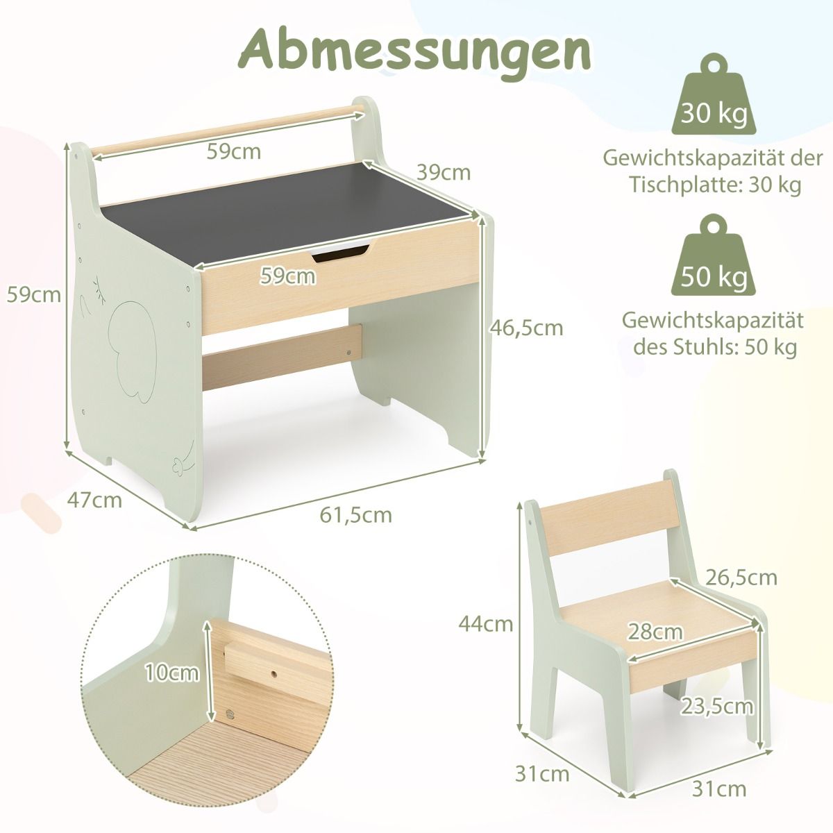 Ensemble de table pour enfants Coast 3-en-1 - avec plateau réversible et espace de rangement dissimulé - vert