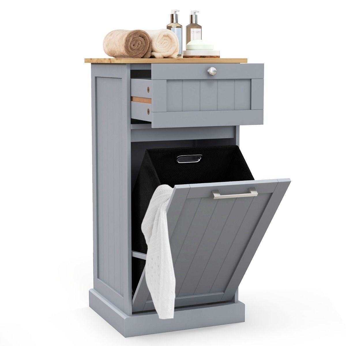 Armoire Coast avec panier à linge - tiroir et espace de rangement - bambou et MDF - blanc et naturel - 40 x 37 x 82 cm