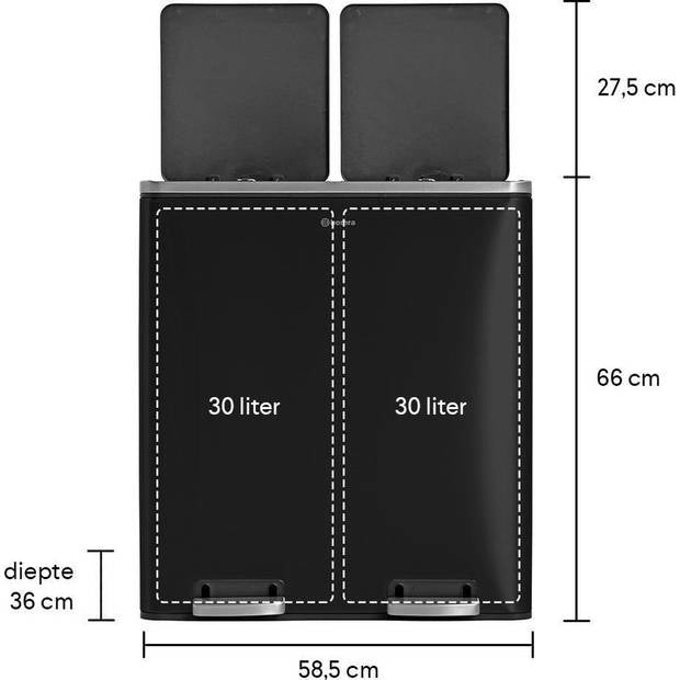 Homra QUICKX Duo - Poubelle - Séparation des déchets - 2 compartiments - acier inoxydable - 60 litres (2x30 L) - Noir