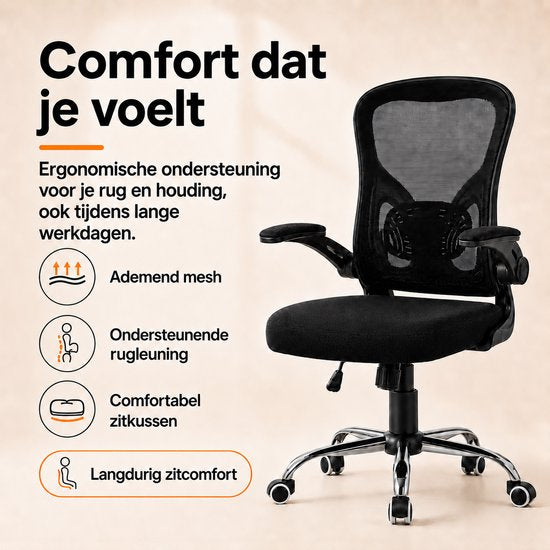 Chaise de bureau ergonomique Infinity Goods - Chaise de bureau - Soutien lombaire 4D et revêtement en maille - Accoudoirs rabattables - Jusqu'à 150 kg - NEN-EN1335 - Noir