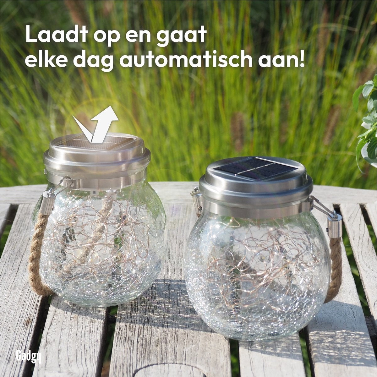 Gadgy Solar Lantaarn Craquelé Glas met 20 fairy lights - Tafellamp Set van 2 - Solar tuinverlichting op zonneenergie - Led buitenverlichting met dag/nacht sensor - Hanglamp - Tuinlantaarn - 13.5 x Ø12CM