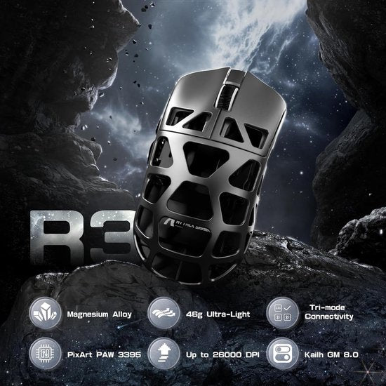 ATTACK SHARK R3 - Souris gaming sans fil - PAW3395 - Ultralégère (46 g) - Filaire/2,4 GHz/BT 5.1 - 26 000 DPI - Alliage de magnésium