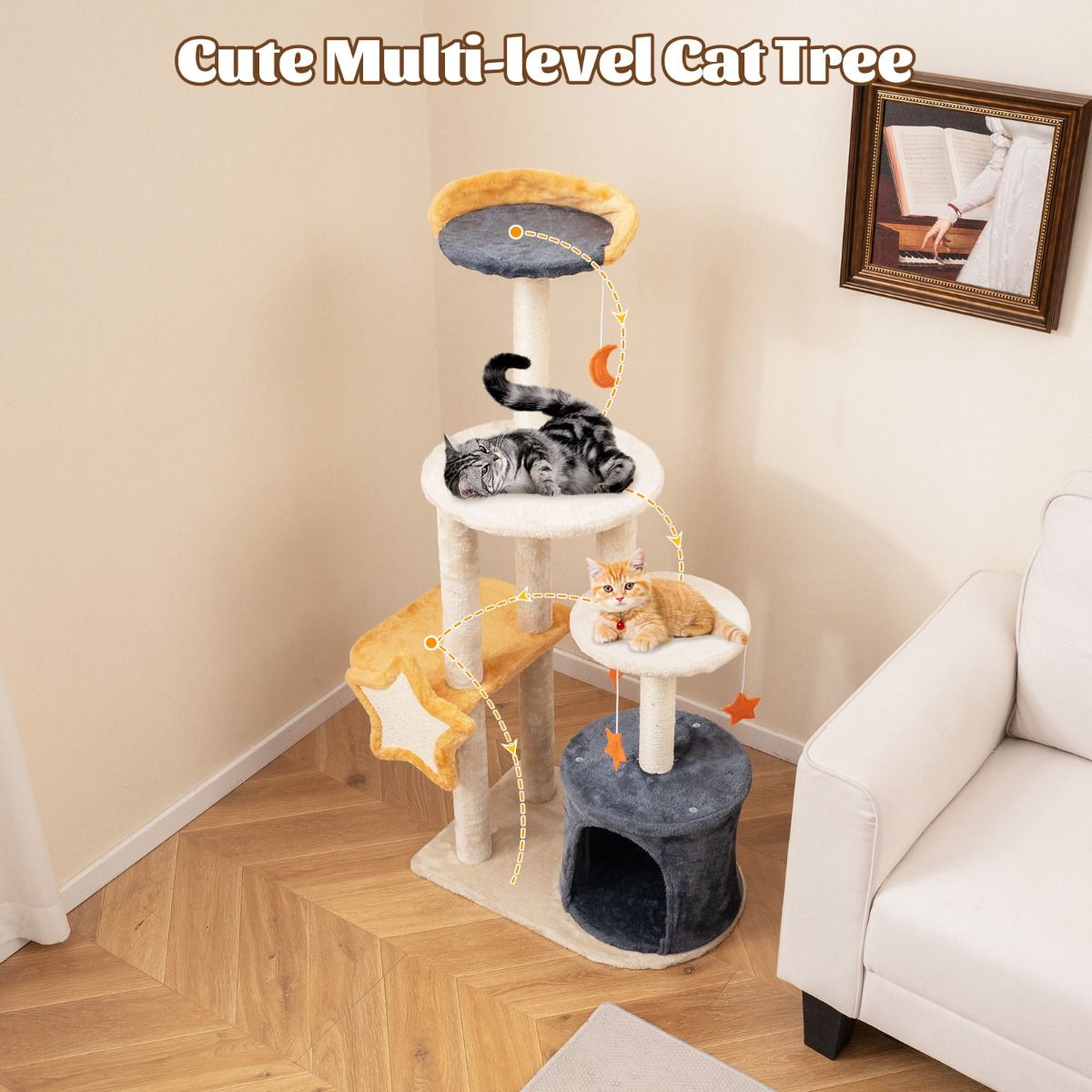 Arbre à chat Coast - 128 cm - Plusieurs étages - Poteaux à griffer en sisal - Beige et gris