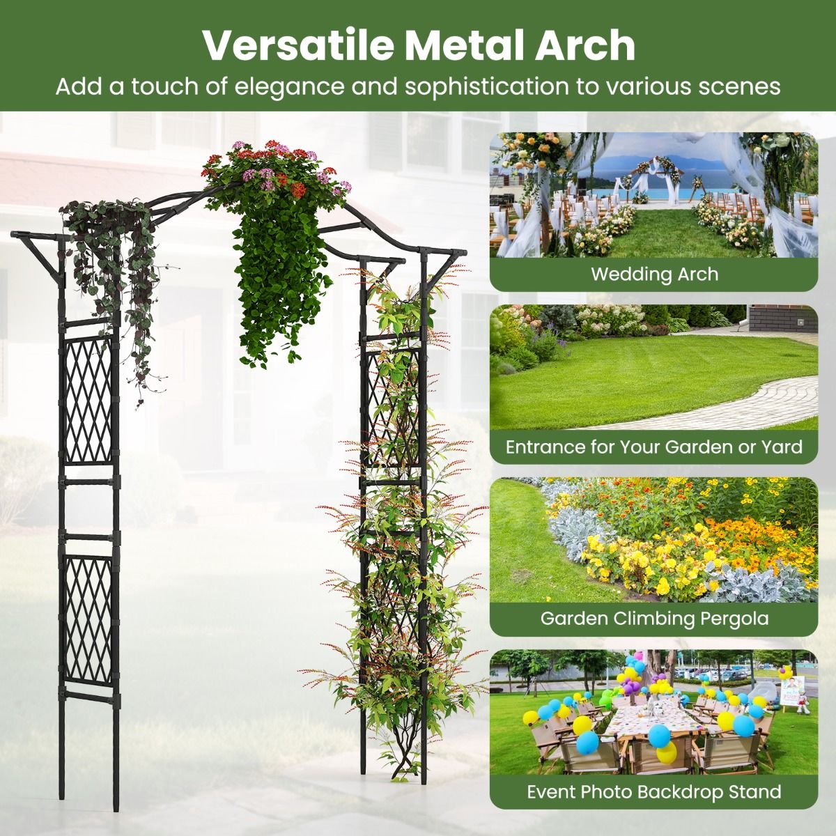 Coast Arche à roses en métal - treillis pour plantes de jardin - arche de porte - noir - 170 x 39 x 210 cm