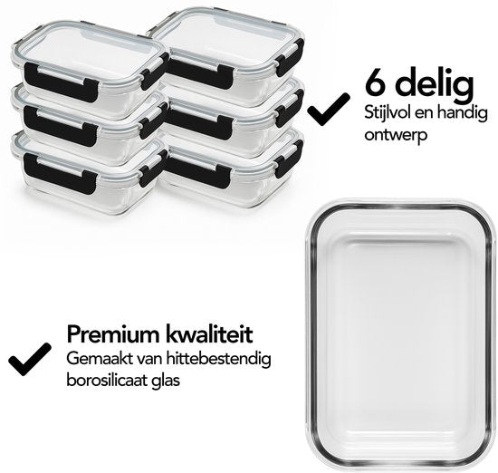 Boîtes de conservation en verre Aviro - 6 pièces - Boîtes pour la préparation des repas - Adaptées au congélateur, au micro-ondes et au four - Sans BPA - Hermétiques - 1 L
