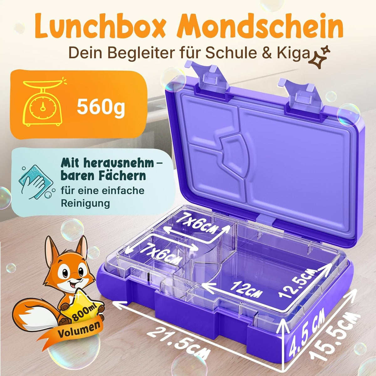 Funkelfuchs® - Lunchbox kids avec compartiment - 800ml, violet - Lunchbox moonlight, large - Boîte à snacks, boîte à snacks, boîte à lunch, boîte à repas, boîte à bento kids - pour l'école, la garderie et le jardin d'enfants