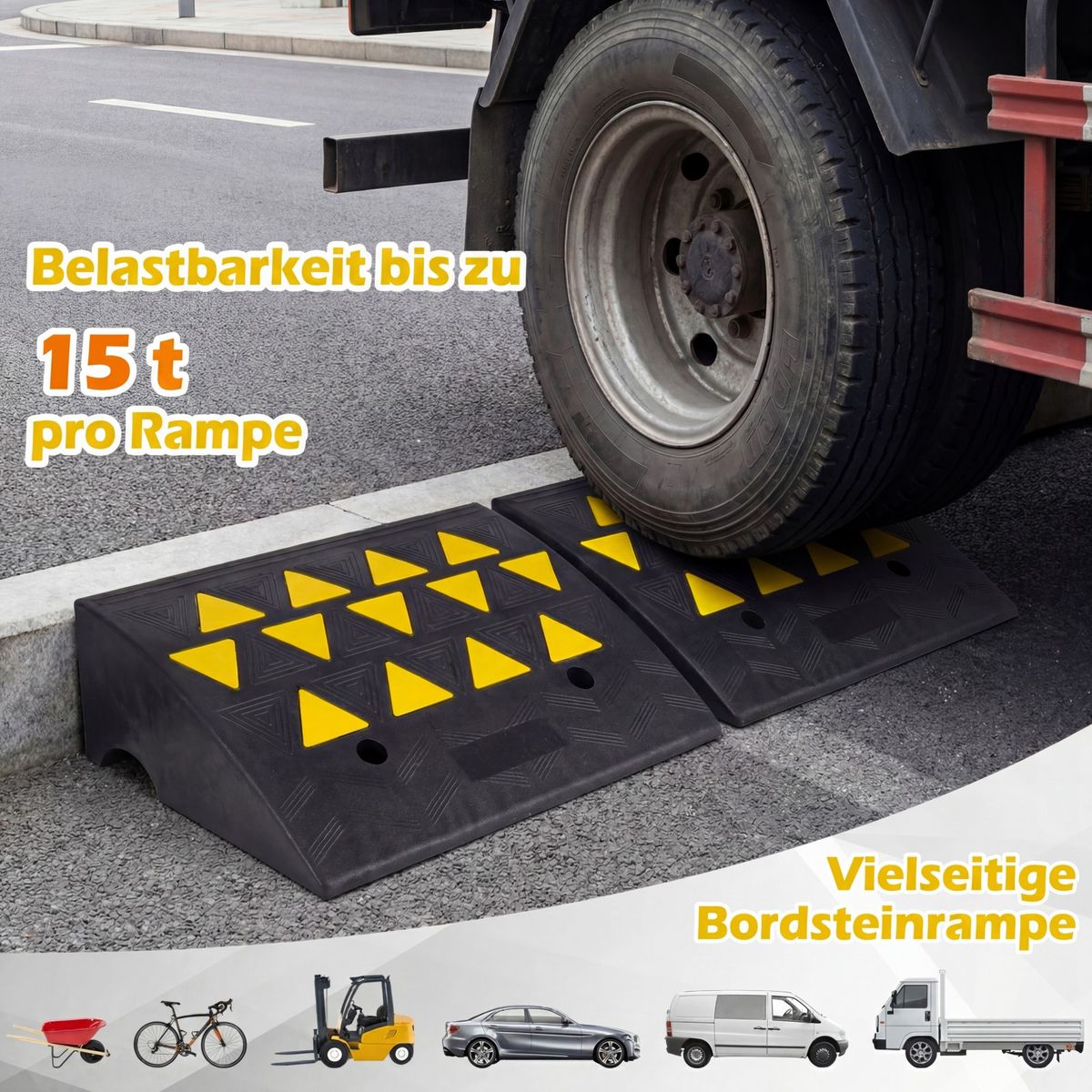 Kit de rampes d'accès Coast - capacité de charge de 15 tonnes - caoutchouc antidérapant - noir/jaune - 49 x 37 x 16 cm