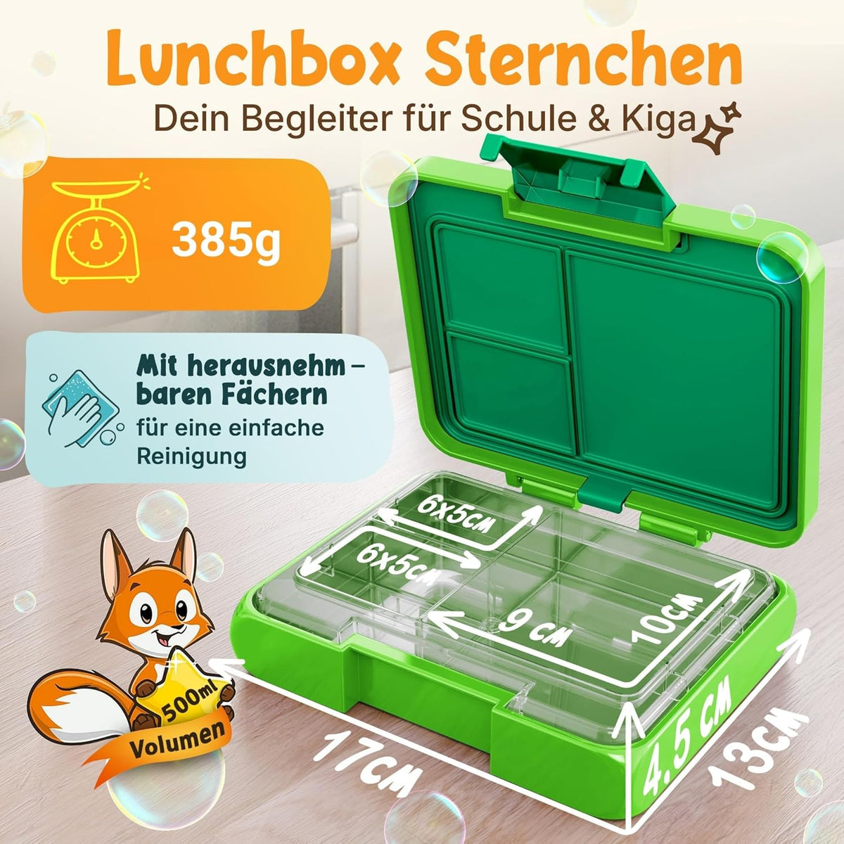 Funkelfuchs® - Lunchbox kids avec compartiments - 500ml, vert - Lunchbox star, small - Snack box, snack box, lunch box, meal box, bento box kids - pour l'école, le jardin d'enfants et la crèche