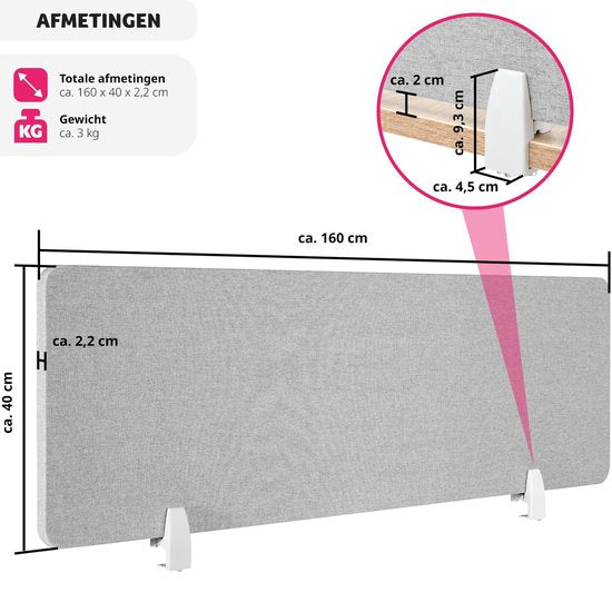 tectake® Séparateur d'écran de bureau Noisy - Avec noyau en PET insonorisant - Livré avec 2 clips de fixation - Dimensions (Lxl) 160 x 40 cm - Gris