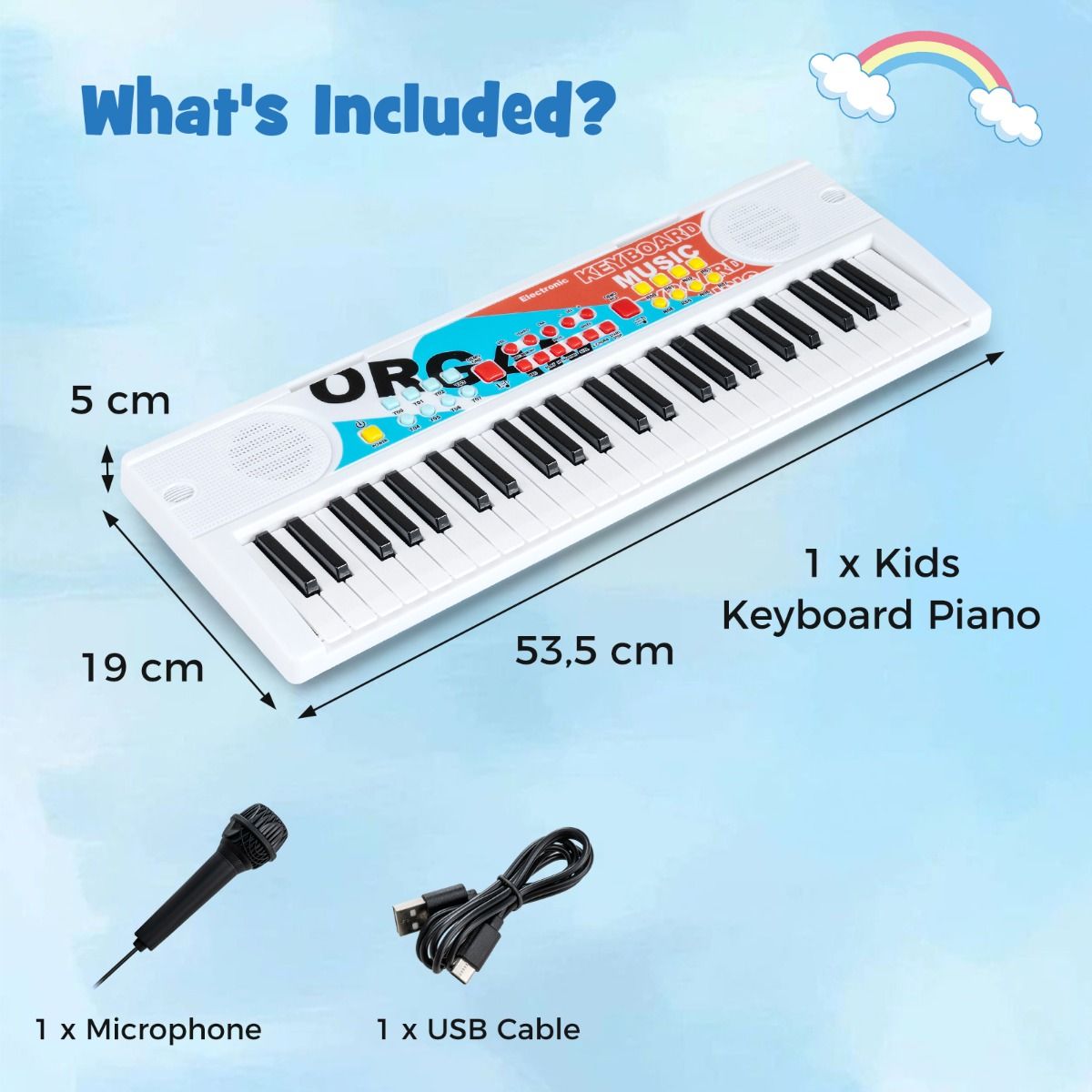 Clavier pour enfants Coast - 49 touches - clavier électrique portable - 8 rythmes - blanc