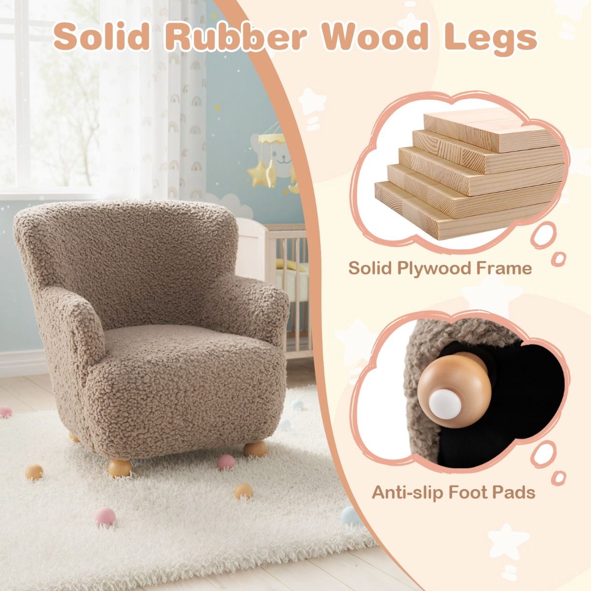 Fauteuil pour enfant Coast avec dossier - pieds en bois - chaise rembourrée pour enfant - marron clair