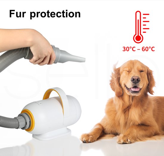 Fuegobird CL-DP Sèche-cheveux pour animaux de compagnie - Sèche-cheveux professionnel pour chiens - Conception silencieuse - 50 dB - Avec 4 embouts - Sèche-cheveux pour chiens - Avec mode aspiration - Blanc