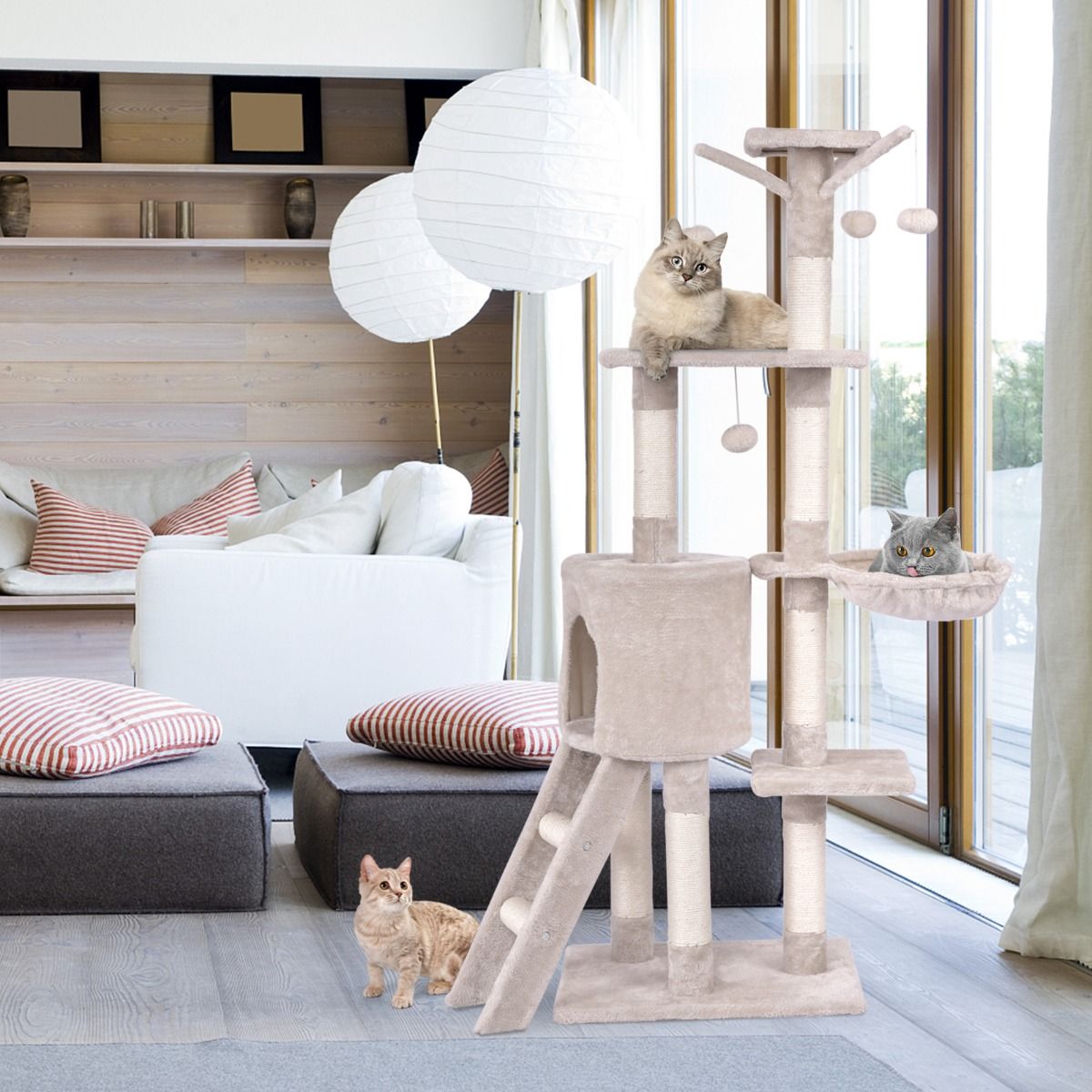 Arbre à chat Coast - 6 étages - poteaux en sisal et revêtement en peluche - beige - 93 x 36 x 140 cm