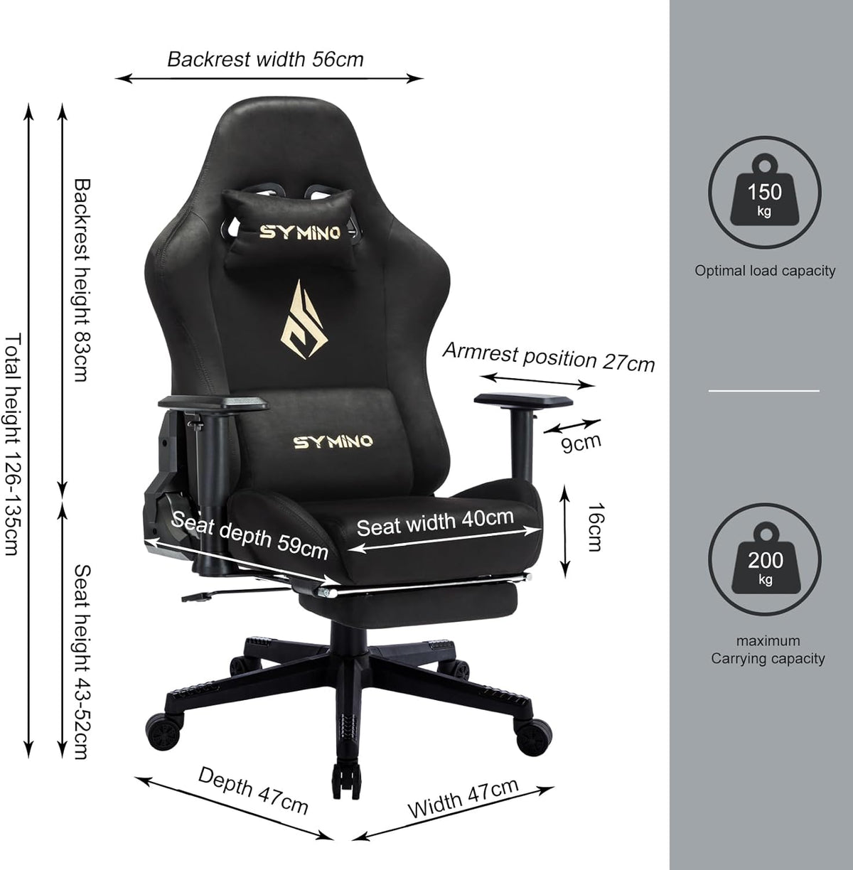 Fauteuil gaming Symino en tissu doux avec repose-pieds, noir