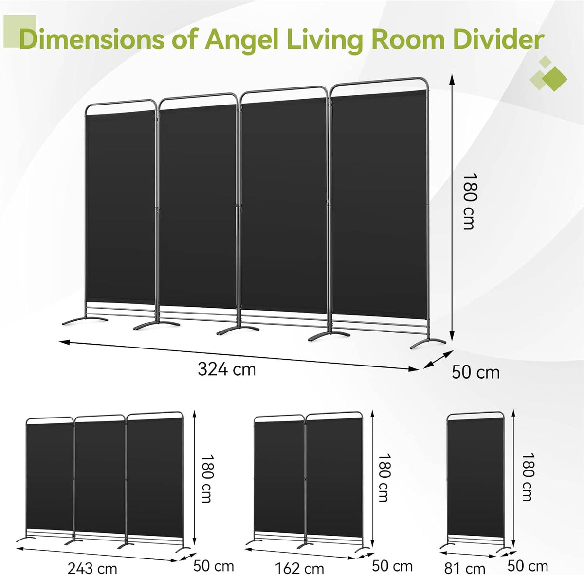 Angel Living Paravent de chambre - 4 pièces - 324x180 cm - Pliable - Acier et polyester - Autoportant - Séparation de pièces et intimité - Noir
