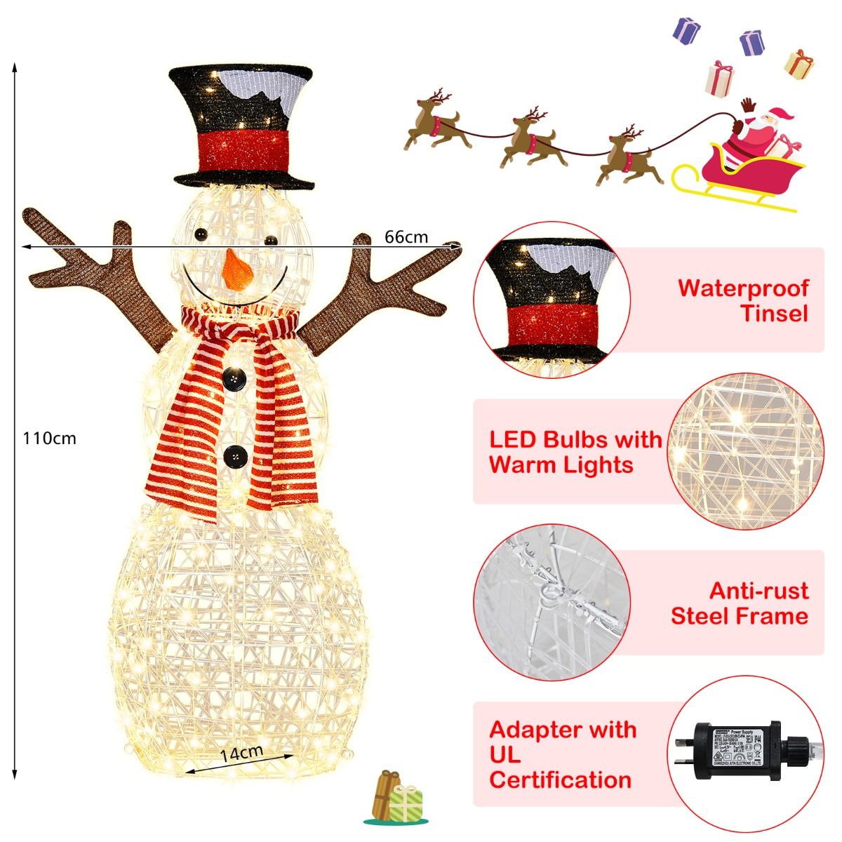 Bonhomme de neige lumineux Coast - 80 LED - Piquets et attaches de câble inclus - 66 x 14 x 110 cm