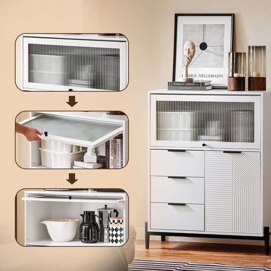 SoBuy FSB94-W Buffet - Meuble de cuisine blanc à roulettes et polyvalent