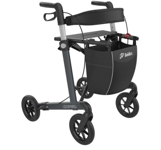 Mobilex Leopard - Déambulateur léger - Roues confort - Hauteur d'assise 55 cm - Roues confort - Sac, sangle dorsale et porte-canne inclus - Noir