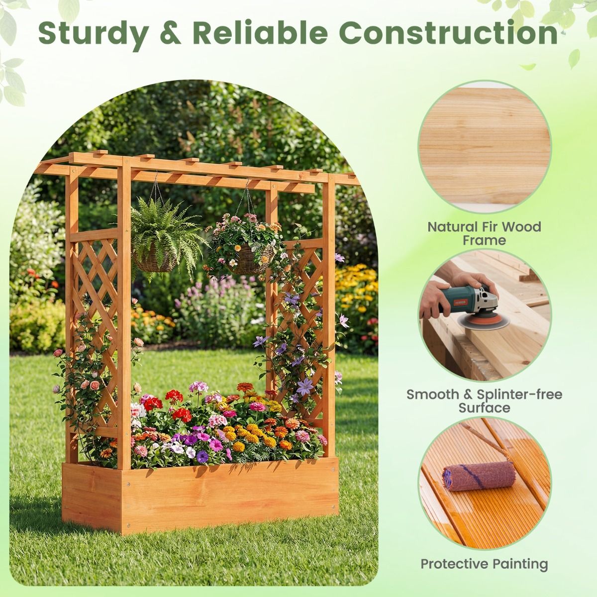 Jardinière surélevée en bois Coast - Treillis et toit suspendu - Trous de drainage - Naturel/Orange - 110 x 35 x 114 cm