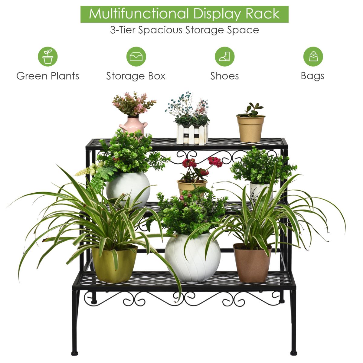 Étagère à plantes Coast à trois niveaux - Support à fleurs en métal - Étagère à plantes sur pied - Noir - 70 x 60 x 60,5 cm