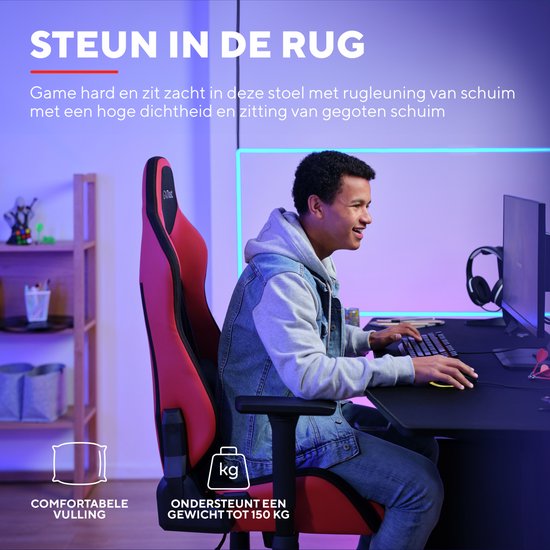 Trust GXT 714R Ruya - Fauteuil gaming ergonomique - Accoudoirs 3D - Tissu respirant et cuir PU - Jusqu'à 150 kg - Rouge