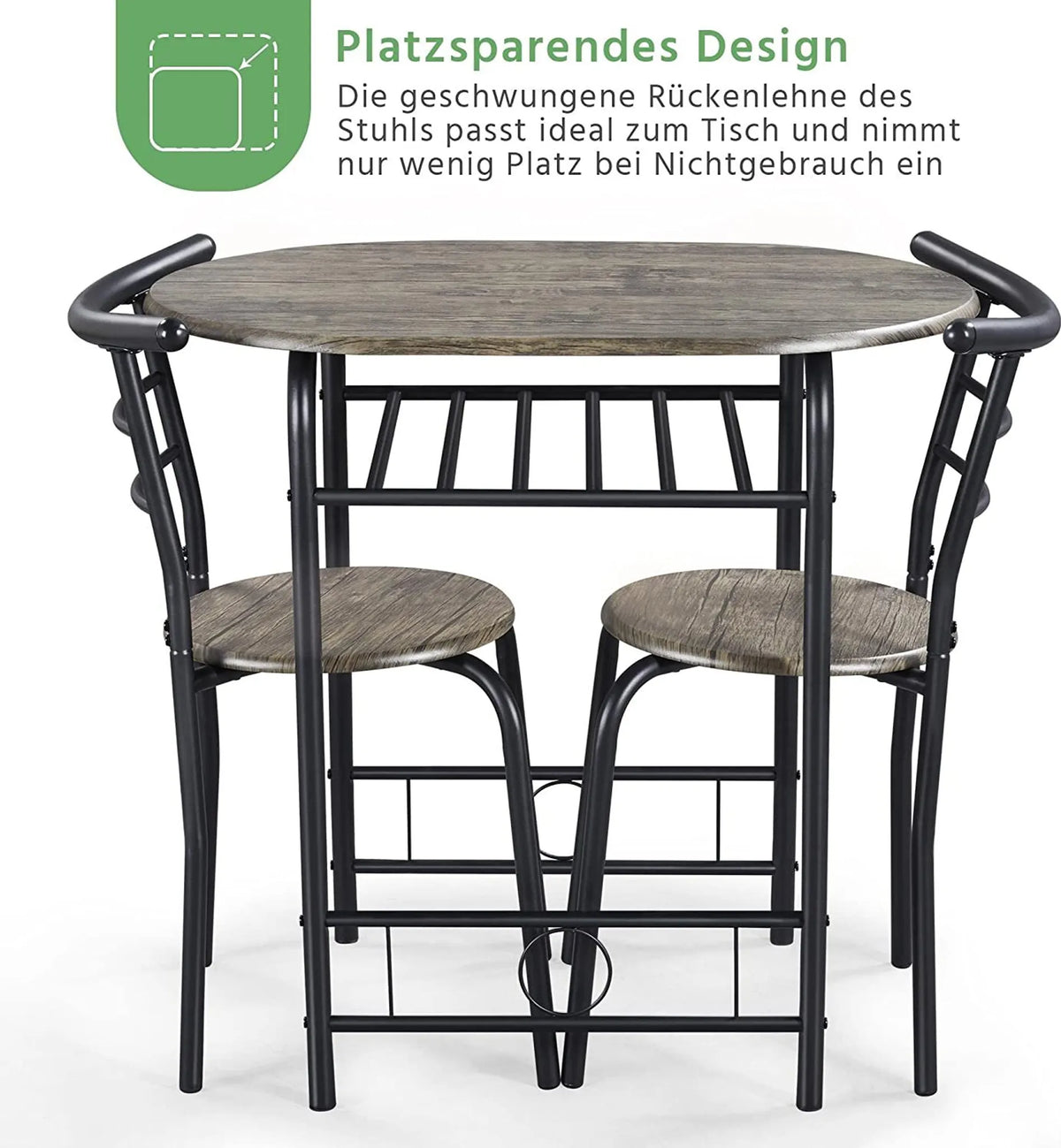 Yaheetech Dining Set Of 3 - Comprend une table avec 2 chaises, une étagère de rangement réglable et un revêtement hydrofuge - Pour la cuisine et la salle à manger - Driftwood Brown Metal and MDF - 80 x 53 x 73.5 cm