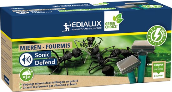 Edialux Sonic Defend Mieren Solar, répulsif anti-fourmis à énergie solaire, protège votre jardin contre les fourmis grâce à des vibrations et des signaux sonores ; sans danger pour les animaux domestiques et les organismes vivant sous terre ; surface maxi
